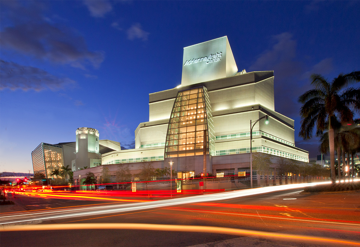 Architectural dusk view of the Miami Adrienne Arsht Center for Performing Arts.